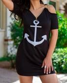 Fermuar Detay çıpa Baskılı Zincir Askılı Viskon Elbise thumbnail 9