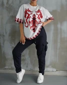 Unisex Bisiklet Yaka Baskılı Oversize T-Shirt - Beyaz thumbnail 2