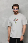 Unisex Bisiklet Yaka Baskılı Oversize T-Shirt - Gri thumbnail 1