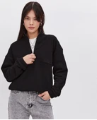 Oversize Yarım Farmuarlı Yakalı Basic SweatShirt - Siyah thumbnail 3