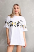 Unisex Bisiklet Yaka Baskılı Oversize T-Shirt - Beyaz thumbnail 1