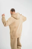 Unisex Double Oversize Kapşonlu Basic SweatShirt - Bej thumbnail 4