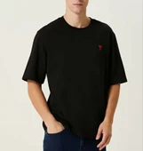 Unisex Bisiklet Yaka Baskılı Oversize T-Shirt - Siyah thumbnail 1