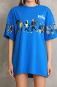 Unisex Bisiklet Yaka Baskılı Oversize T-Shirt - Mavi thumbnail 3