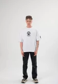 Unisex Bisiklet Yaka Baskılı Oversize T-Shirt - Beyaz thumbnail 2