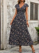 Kadın Kısa Kollu Kruvaze Yakalı çiçek Desenli Belden Lastikli Süprem Uzun Elbise thumbnail 4