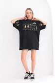 Unisex Bisiklet Yaka Baskılı Oversize T-Shirt - Siyah thumbnail 1