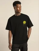 Unisex Bisiklet Yaka Baskılı Oversize T-Shirt - Siyah thumbnail 1