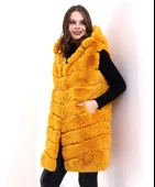 Kadın Kapşonlu Peluş Kürk Yelek Premium Kalite, Tam Astarlı, Uzun Model - Sarı thumbnail 6