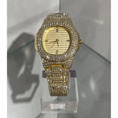 Altın Renk Taş Kaplama Oval Kasa Tasarım Kadın Kol Saati - 1