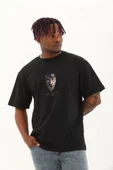 Unisex Oversize Baskılı Bisiklet Yaka T-Shirt - Siyah thumbnail 1