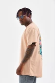 Unisex Bisiklet Yaka Baskılı Oversize T-Shirt - Bej thumbnail 3