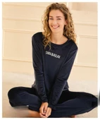 Mihra Kadın Kışlık Bisiklet Yaka Kadife Pijama Takımı 13164L - 1 Adet  XL Lacivert thumbnail 1