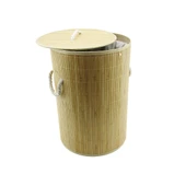 YUVARLAK BAMBU AHŞAP KİRLİ ÇAMAŞIR SEPETİ 35X60CM SEYYAR KAPAKLI İÇİ BEZLİ İP KULPLU (5314) - 1