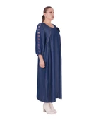 Büyük Beden Çiçek Motifli Küpür Detay İnce Kot Salaş Uzun Kadın Elbise thumbnail 2