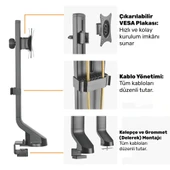 NPO STD2101B 17"-32" VESA Uyumlu 180° Yükseklik Ayarlı Kablo Yönetimli Tekli Monitör Standı thumbnail 5