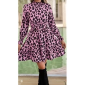 Lucky Life Kadın Uzun Kollu Yarı Balıkçı Yaka Leopar Desenli Modal Mini Elbise thumbnail 4