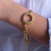 Yarım Altın Çerçeve Bileklik Çelik Altın Kaplama İşlemeli Figaro Model BLK-1093 thumbnail 2