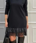 MDB Kadın Uzun Kollu Bisiklet Yaka Etek Ucu Deri Dantelli Viskon Iki Iplik Midi Elbise thumbnail 3