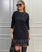 MDB Kadın Uzun Kollu Bisiklet Yaka Etek Ucu Deri Dantelli Viskon Iki Iplik Midi Elbise thumbnail 1