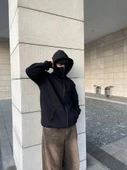 MDB amuray Ninja Çift Kapşonlu ZIP Fermuarlı Kanguru Çepli Tam Fermuarlı Hoodie wetshirt  iyah thumbnail 4