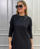 MDB Kadın Uzun Kollu Bisiklet Yaka Etek Ucu Deri Dantelli Viskon Iki Iplik Midi Elbise thumbnail 2