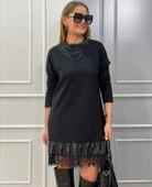 MDB Kadın Uzun Kollu Bisiklet Yaka Etek Ucu Deri Dantelli Viskon Iki Iplik Midi Elbise thumbnail 4