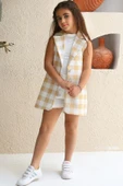 Kız Çocuk Halter Yaka Ekose Baskılı Düğme Detaylı Hardal Şortlu Takım thumbnail 2