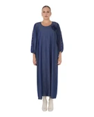 Büyük Beden Çiçek Motifli Küpür Detay İnce Kot Salaş Uzun Kadın Elbise thumbnail 1