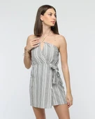 Kuşaklı çizgili mini keten elbise thumbnail 7