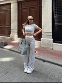 Crop pantolon biyeli takım gri thumbnail 2