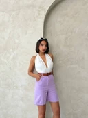 Kemerli gabardin şort lila s25735 thumbnail 6