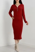 Fermuar detaylı fitilli şardonlu elbise bordo thumbnail 1