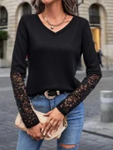 MDB Kadın Uzun Kollu V Yakalı Dantelli Waffle Bluz thumbnail 2