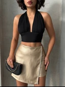 Taşlı şort etek deri gold h240018 thumbnail 13
