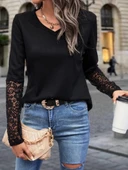 MDB Kadın Uzun Kollu V Yakalı Dantelli Waffle Bluz thumbnail 5