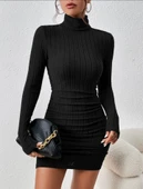 Fitilli boğazlı şardonlu elbise siyah thumbnail 1