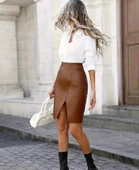 MDB Kadın Yüksek Bel Yırtmaçlı Mini Deri Etek thumbnail 3