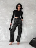 Kendinden ince kemerli deri pantolon siyah thumbnail 6