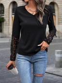 MDB Kadın Uzun Kollu V Yakalı Dantelli Waffle Bluz thumbnail 1