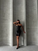 Altı dantelli straplez deri elbise siyah w240419 thumbnail 2