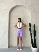 Kemerli gabardin şort lila s25735 thumbnail 7