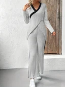 Lucky Life Kadın Uzun Kollu V Yakalı çapraz Detaylı şardonlu Kaşkorse Bluz Ve Pantolon Ikili Takım thumbnail 5