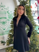 Lucky Life Kadın Uzun Kollu Kürk Yakalı Fermuarlı Kısa Viskon Iki Iplik Elbise thumbnail 11