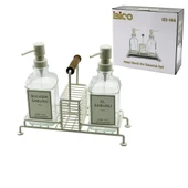 3 PCS METAL STANDLI - CAM SIVI SABUNLUK SETİ AHŞAP TUTMALI - SÜNGERLİK (5314) - 1