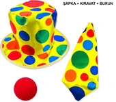 Renkli Palyaço Kostüm Seti – 3 Parça Aksesuar (Şapka, Kravat, Burun) (5314) - 1