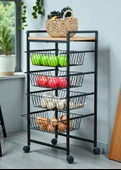 DEKORATİF TEKERLEKLİ METAL SEBZELİK 4 TEL SEPETLİ ÇAM AHŞAP RAFLI ÇOK AMAÇLI STAND thumbnail 8