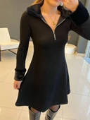 Lucky Life Kadın Uzun Kollu Kürk Yakalı Fermuarlı Kısa Viskon Iki Iplik Elbise thumbnail 1