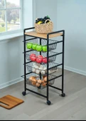 DEKORATİF TEKERLEKLİ METAL SEBZELİK 4 TEL SEPETLİ ÇAM AHŞAP RAFLI ÇOK AMAÇLI STAND thumbnail 3