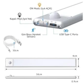 ShopyTech 50 cm Manyetik Şarjlı LED Dolap/Tezgâh Altı Lamba  Hareket Sensörlü 3 Renk Kısılabilir USB Type-C thumbnail 10